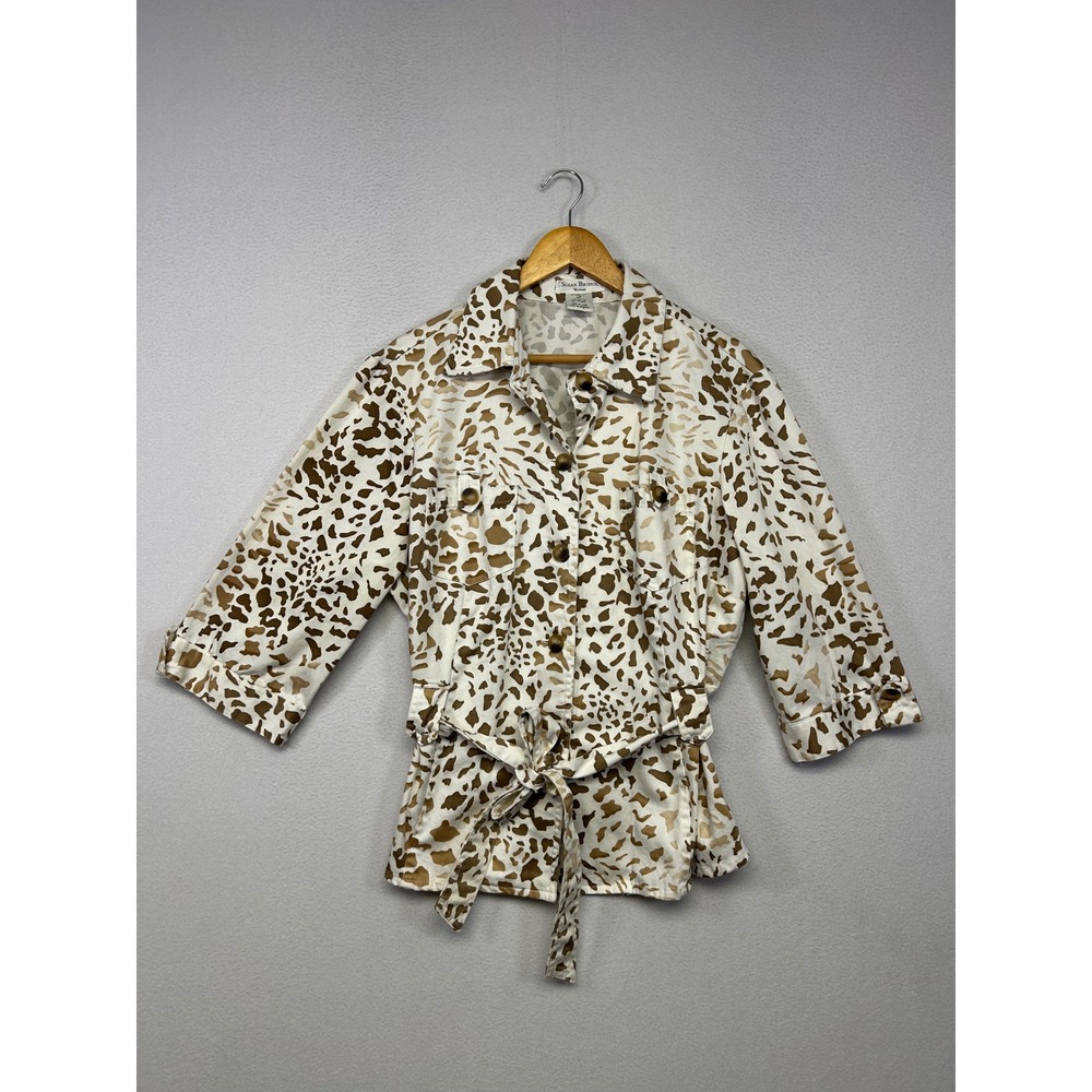 Safari Chic Susan Bristol Woman 22 White Brown Animal Print Belted Shirt Jacket